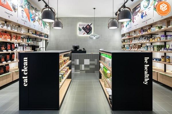 Thiết kế nội thất cửa hàng thực phẩm chức năng gam màu đen + xám